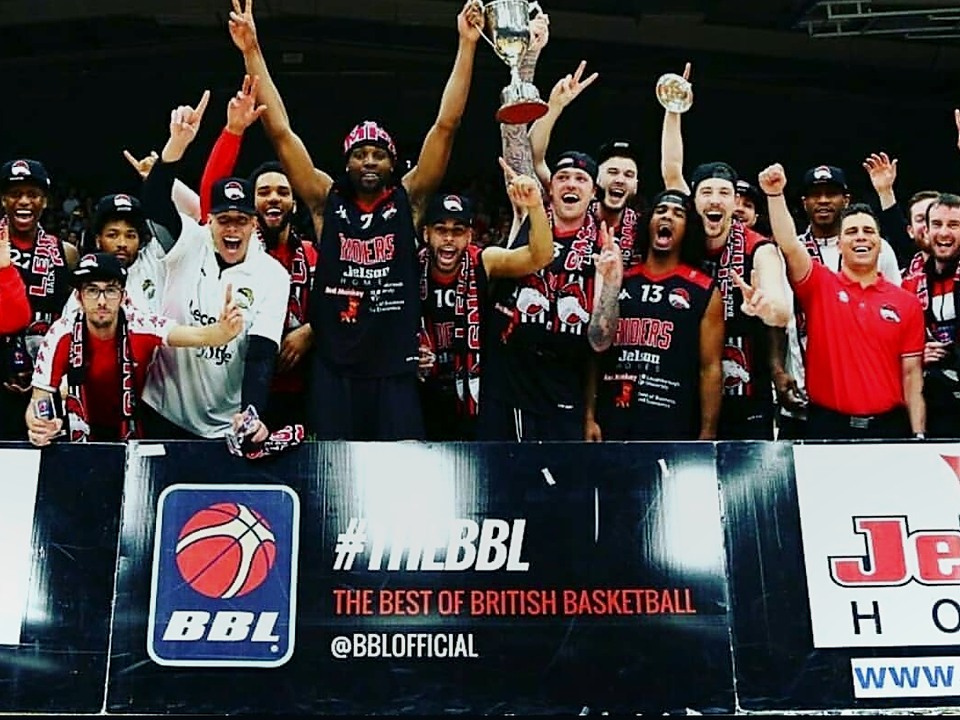 Coach Shane celebrating a British Basketball League championship with Leicester Riders